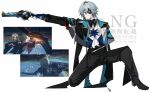  1boy aiming anaxa_(honkai:_star_rail) aqua_hair ascot black_jacket black_pants black_shoes blue_eyes closed_mouth english_text eyepatch full_body gun half-closed_eyes highres holding holding_gun holding_weapon honkai:_star_rail honkai_(series) jacket lapels male_focus medium_hair notched_lapels one_eye_covered oo_1y pants photo-referenced pink_pupils shirt shoes side_ponytail solo twitter_username watermark weapon white_ascot white_background white_shirt 