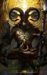  1boy balance_scale body_piercings disembodied_eye elden_ring elden_ring_nightreign extra_eyes full_body goat_horns goat_legs highres horizontal_pupils horns libra_(elden_ring) maddoze mage_staff meditation monster monster_focus sigil signature simple_background solo very_big_eyes weighing_scale 