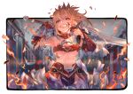  1girl armor armpits bandeau blonde_hair blood blood_on_face border breasts clarent_(fate) clenched_teeth detached_sleeves fate/grand_order fate_(series) faulds fire green_eyes highres holding holding_sword holding_weapon medium_breasts mordred_(fate) mordred_(fate/apocrypha) ponytail red_bandeau red_sleeves solo standing sword teeth torn_bandeau torn_clothes torn_sleeves ugo_(artist) underboob weapon white_border 