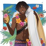  1boy abs dark-skinned_male dark_skin dr_metagross fire_emblem fire_emblem_engage fire_emblem_heroes flower flower_necklace fogado_(fire_emblem) fogado_(summer)_(fire_emblem) food fruit highres holding holding_swim_ring innertube male_focus male_swimwear official_alternate_costume pineapple purple_swim_trunks solo star-shaped_pupils star_(symbol) swim_ring swim_trunks symbol-shaped_pupils 