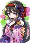  1girl abstract_background akemi_homura alternate_costume arrow_(projectile) back_bow bangs black_gloves black_hair black_kimono bow commentary_request cow eyebrows_visible_through_hair floral_background floral_print flower frilled_sleeves frills fur-trimmed_kimono fur_trim furisode gloves hair_between_eyes hair_bow hair_flower hair_ornament hairband highres holding holding_arrow japanese_clothes jitome kimono long_hair long_sleeves mahou_shoujo_madoka_magica pink_kimono purple_eyes red_bow smile solo spider_lily tag teruna_(artist) two-tone_kimono white_background 