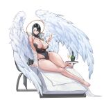  1girl angel_wings areola_slip areolae azazel_(last_origin) bangs barefoot black_swimsuit breasts champagne_flute cleavage cup dark_green_hair drinking_glass full_body game_cg highres huge_breasts last_origin long_hair official_art one-piece_swimsuit rorobomb solo swimsuit tachi-e transparent_background wings 