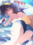  1girl animal_ears ass ass_focus back bikini black_hair blue_archive blue_shorts blush breasts commentary_request dappled_sunlight denim denim_shorts fang flower fox_ears fox_girl fox_tail from_behind hair_between_eyes hair_flower hair_ornament halo highres hugging_doll hugging_object izuna_(blue_archive) izuna_(swimsuit)_(blue_archive) kneepits looking_at_viewer looking_back lying medium_breasts official_alternate_costume on_stomach open_mouth pink_halo red_scarf scarf sho_me_1853 short_hair short_shorts shorts skin_fang solo striped_bikini striped_clothes stuffed_fox stuffed_toy sunflower sunflower_hair_ornament sunlight sweat swimsuit tail thighs visor_cap yellow_eyes yellow_tail 