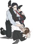  2boys :d :| beard_stubble belt black_coat black_hair black_shoes blade_lineage_(identity)_(project_moon) brown_eyes brown_hair closed_mouth clothes_grab coat collared_shirt facial_hair full_body gourd green_eyes gregor_(project_moon) grin hair_over_one_eye hand_on_another&#039;s_leg head_between_knees highres holding holding_gourd implied_yaoi index_finger_raised irezumi kkolo432271 kneeling kurokumo_clan_(identity)_(project_moon) limbus_company looking_at_another looking_at_viewer low_ponytail male_focus meursault_(project_moon) multiple_boys necktie open_mouth outstretched_legs partially_unbuttoned ponytail print_eyepatch project_moon prosthesis prosthetic_arm reaching reaching_towards_another red_necktie scar scar_on_face scar_on_hands scars_all_over shirt shoes smile stubble tattoo tattoo_sleeve unamused white_background white_shirt 