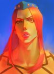  1boy blue_background blue_hat collarbone commentary english_commentary fishnet_top fishnets hat highres jojo_no_kimyou_na_bouken lips long_hair makeup male_focus narciso_anasui parted_lips pink_hair pink_lips portrait prof_pega solo stone_ocean teeth yellow_theme 