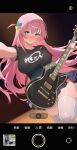  1girl absurdres black_shirt black_skirt blue_eyes blush bocchi_the_rock! breasts closed_mouth commentary_request cube_hair_ornament electric_guitar fake_screenshot fingernails gibson_les_paul gotoh_hitori guitar hair_ornament highres holding holding_guitar holding_instrument ijichi_nijika instrument large_breasts long_hair looking_at_viewer miniskirt nose_blush one_side_up outstretched_arm panties pantyshot pink_hair pleated_skirt shirt short_sleeves skindentation skirt sweat thighhighs thighs underwear viewfinder white_panties white_thighhighs yamada_ryo yueyueyue_yao zettai_ryouiki 