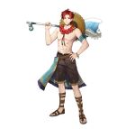  1boy abs absurdres belt black_male_swimwear bracelet closed_mouth commentary_request fire_emblem fire_emblem_heroes flower flower_wreath full_body hand_on_own_hip hand_up hat hat_on_back hibiscus highres holding holding_weapon jewelry kurono_yuu looking_at_viewer male_focus male_swimwear official_alternate_costume official_art over_shoulder pectorals red_eyes red_flower red_hair sandals second-party_source seth_(fire_emblem) seth_(summer)_(fire_emblem) short_hair simple_background smile solo standing sun_hat topless_male weapon weapon_over_shoulder white_background 