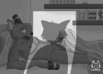 abs anthro balls bare bed book bookshelf canid canine canis caught caught_in_the_act caught_masturbating chest_(disambiguation) clothing container cup fangs figurine fox furniture genitals glans gregg_lee hand_on_penis hi_res mae_borowski male mammal masturbation monochrome muscular muscular_anthro muscular_male navel night_in_the_woods nipples pecs penile penile_masturbation penis scared scared_expression scared_face shadow silhouette silhouetted_body simple_background solo teeth translucent translucent_clothing xzenonart