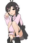  1girl :p absurdres antenna_hair black_eyes black_hair black_shoes black_skirt ch2haya_p closed_mouth eyelid_pull full_body hair_ornament hair_ribbon hairclip hand_up heart heart_hair_ornament highres idolmaster idolmaster_(classic) jirai_kei kikuchi_makoto long_sleeves looking_at_viewer pink_ribbon pink_shirt ribbon shirt shoes short_hair simple_background skirt solo squatting tongue tongue_out white_background 