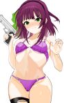  1girl angel_beats! bare_arms bare_shoulders black_hairband black_thighhighs blunt_bangs blush bow bra breasts cameltoe closed_mouth commentary_request cowboy_shot embarrassed floating_hair green_bow green_eyes gun hair_bow hairband handgun hands_up highres holding holding_gun holding_weapon looking_at_viewer medium_breasts medium_hair nakamura_yuri navel nose_blush open_bra panties purple_bra purple_hair purple_panties simple_background single_thighhigh skirt solo split_mouth stomach thighhighs torn_clothes torn_thighhighs underwear underwear_only v-shaped_eyebrows w_arms wavy_mouth weapon white_background zenoo 