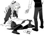  1boy 1girl alternate_costume apron back blush braid buttons chilchuck_tims closed_mouth collared_dress dress dungeon_meshi english_commentary enmaided fingerless_gloves food formal_clothes frills gloves green_eyes greyscale hair_ribbon handkerchief high_ponytail highres kugai697139 long_hair long_sleeves looking_at_another maid marcille_donato monochrome neck_ribbon omelet omurice pants plate pocket pointy_ears ponytail puffy_long_sleeves puffy_sleeves ribbon sad shirt shoes simple_background single_braid sitting socks solo_focus standing sweatdrop tearing_up vest 