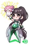  1girl :3 black_hair blunt_bangs bodysuit breasts brown_eyes creature doro_(nikke) eve_(stellar_blade) flower-shaped_hair gloves goddess_of_victory:_nikke green_bodysuit hair_bun hair_intakes highres holding holding_creature impossible_clothes large_breasts long_hair meme pink_hair planet_diving_suit_(7th)_(stellar_blade) ponytail purple_ribbon ribbon silver_bodysuit simple_background skin_tight smile stellar_blade thighs two-tone_bodysuit very_long_hair zakuroten 