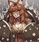 absurd_res animal_humanoid backpack_battles breasts brown_hair cleavage cleavage_cutout clothed clothed_female clothed_humanoid clothing covered_breasts cutout dual_wielding dual_wielding_shields female fluffy_ears fully_clothed gloves green_eyes grin hair handwear hi_res holding_object holding_shield holding_weapon humanoid inner_ear_fluff intense_stare laced_corset leather leather_clothing leather_gloves leather_handwear long_hair looking_aside mammal mammal_humanoid menacing_aura peperiarchive_(artist) ranger_(backpack_battles) rodent rodent_humanoid sciurid sciurid_humanoid shield shield_on_back signature simple_background smile solo spiked_shield spikes squirrel_ears tree_squirrel_humanoid tuft weapon