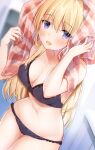  1girl bangs bare_shoulders black_bra black_panties blonde_hair blurry blurry_background blush bra breasts cleavage highres indoors long_hair looking_at_viewer medium_breasts midriff navel open_mouth original panties purple_eyes solo standing towel towel_on_head underwear yu_yu 