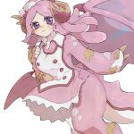  1girl asymmetrical_arms asymmetrical_legs breasts dragon_girl dragon_horns dragon_tail dragon_wings dragonmaid_ernus dress duel_monster hat highres horns kokodari large_breasts nurse_cap nurse_dragonmaid pink_dress pink_hair purple_eyes solo tail transformation white_background wings yu-gi-oh! 