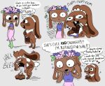 2025 accessory anthro bag basket bassie_(dandy&#039;s_world) blush brown_body brown_fur candy chocolate chocolate_bar chocolate_bunny clothing cocoa_(dandy&#039;s_world) container crumbs dandy&#039;s_world dessert dialogue dress duo eating eyelashes female flower flower_basket flower_hair flower_in_hair food footwear fur green_clothing green_footwear green_socks grey_background hair hair_accessory heart_symbol humanoid lagomorph leaf leporid long_ears mammal onomatopoeia pink_clothing pink_dress plant plant_hair pseudo_hair purple_clothing purple_shirt purple_tank_top purple_topwear rabbit roblox sachet scared scared_face scut_tail shirt short_tail simple_background socks sound_effects speech_bubble spitting sugar tail tank_top tekapin text toons_(dandys_world) topwear white_body white_fur