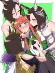  4girls @_@ air_groove_(quercus_civilis)_(umamusume) air_groove_(seaside_bloom)_(umamusume) air_groove_(umamusume) animal_ears ascot black_ascot black_pantyhose blunt_bangs blush brown_hair clone_harem ear_covers flustered furrowed_brow green_eyes highres horse_ears horse_girl multiple_girls multiple_persona nervous nervous_sweating orange_hair pantyhose purple_eyes shy silence_suzuka_(umamusume) sugamo_(rainysnowy108) sweat umamusume wavy_mouth yuri 