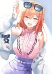  1girl absurdres arm_up belt blue_skirt blush breasts center_frills coat eyewear_on_head frills fur-trimmed_coat fur_trim hair_ornament hairpin highres hololive hololive_dev_is ichijou_ririka ichijou_ririka_(1st_costume) looking_at_viewer mahou_io nail_polish open_mouth orange_eyes orange_hair orange_nails pink_shirt shirt skirt sleeveless sleeveless_shirt smile solo sunglasses virtual_youtuber white_belt white_coat 