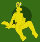 anthro banana_slug big_penis erection eyestalks gastropod genitals green_background male markings mollusk penis simple_background sitting slug spots spotted_body spotted_skin tabbiewolf tail vein veiny_penis yellow_body yellow_skin