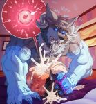 animal_genitalia animal_penis anthro bau_(melaisen) beard bed bedroom big_dom_small_sub black_beard black_body black_facial_hair black_fur black_hair blue_body blue_claws blue_eyes blue_fur bodily_fluids canid canine canine_genitalia canine_penis canis claws cum cum_from_mouth cum_from_nose cum_in_ass cum_in_mouth cum_in_nose cum_inside domestic_dog dominant drooling duo excessive_cum excessive_genital_fluids eyewear facial_hair fecundation fur furniture genital_fluids genitals glasses grey_beard grey_body grey_facial_hair grey_fur grey_horn grey_penis grey_tongue hair hi_res horn humanoid hybrid hypnosis hypnotic_eyes impregnation internal kiddie_jukes knot male male/male male_impregnating_male male_impregnation mammal melaisen mind_control muscular muscular_anthro muscular_male orange_body orange_fur ovum penis pink_hair red_body red_fur saliva sharp_teeth size_difference sperm_cell teeth tongue tusks wearing_glasses white_body white_fur