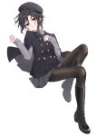 1girl absurdres aburi-gatana beret black_boots black_eyes black_hair black_hat black_jacket black_pantyhose boots closed_mouth full_body grey_skirt grey_sweater hands_up hat highres idolmaster idolmaster_(classic) jacket kikuchi_makoto knee_boots knee_up long_sleeves looking_at_viewer miniskirt pantyhose pleated_skirt short_hair simple_background skirt sleeves_past_wrists solo sweater white_background 