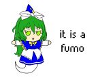  1girl :o ascot blue_skirt blue_vest bow bowtie capelet dress english_text frilled_ascot frilled_dress frills fumo_(doll) ghost_tail green_eyes green_hair hat it_is_a_mystery long_hair long_sleeves meme mima-sama mima_(touhou) open_mouth ribbon simple_background skirt solo sun_print t-pose touhou touhou_(pc-98) vest white_bow wizard_hat yellow_bow 