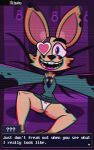 absurd_res anthro bottomwear chromatic_aberration clothed clothing creepy_cute creepy_face creepy_smile english_text eye_patch eyewear female footwear front_view fur hi_res lagomorph leporid locker looking_at_viewer mammal panties possession rabbit skirt skye_(tbg) smile solo sparksaxel spread_legs spreading static text the_bunny_graveyard underwear uniform upskirt yellow_body yellow_fur