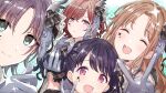  asakura_toru black_bow black_skirt blue_eyes bow brown_hair earrings gloves grey_gloves hair_ornament highres higuchi_madoka ichikawa_hinana idolmaster idolmaster_shiny_colors jewelry long_hair multiple_girls noctchill_(idolmaster) official_art red_eyes red_hair skirt 