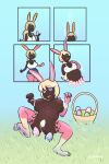 2021 3_toes alternate_version_at_source anthro artist_name basket belly belly_expansion biped black_body black_fur blonde_hair blue_eyes blue_sclera bodily_fluids bottomwear bra breasts butt butt_expansion censored_version_at_source clothed clothing colored container easter easter_egg egg egg_from_vagina exclamation_point expansion feet female fur grass hair heterochromia hi_res holidays inkyfluffsdraws lactating lagomorph leg_markings legs_together leporid looking_pleasured luci_valentine_(sandr032) mammal markings motion_lines nipples non_oviparous_oviposition nude open_mouth outside pawpads pink_ears pink_markings pink_pawpads plant pregnant pregnant_anthro pregnant_female rabbit rapid_pregnancy red_eyes shorts shrinking simple_background sitting sitting_on_ground size_transformation socks_(marking) solo spread_legs spreading standing tan_ears text toes tongue tongue_out transformation underwear white_markings