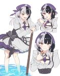  1girl black_corset black_hair black_ribbon closed_mouth corset dress earrings eating food grey_hair headscarf highres holding holding_food hololive hololive_english jewelry looking_at_viewer multicolored_hair necktie open_mouth purple_bandana purple_necktie ribbon shiori_novella soraha_123 split-color_hair tongue tongue_out two-tone_hair virtual_youtuber white_background white_dress yellow_eyes 