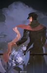  1boy black_coat black_hair cloud cloudy_sky coat elna flower highres jojo_no_kimyou_na_bouken kujo_jotaro purple_flower red_scarf scarf sky standing 