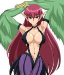  1girl animal_hands armpits arms_up breasts claws commentary_request duel_monster feathers green_eyes green_feathers green_wings harpie_lady highres kairi_(fotune) large_breasts long_hair navel purple_legwear red_hair simple_background solo very_long_hair white_background winged_arms wings yu-gi-oh! 