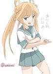  1girl abukuma_(kancolle) blonde_hair blue_eyes commentary_request cowboy_shot double_bun emuwai grey_sailor_collar grey_skirt hair_bun hair_rings kantai_collection long_hair ok_sign one-hour_drawing_challenge pleated_skirt sailor_collar sailor_shirt school_uniform serafuku shirt short_sleeves simple_background skirt solo translation_request twintails white_background white_shirt 
