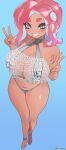  1girl absurdres agent_8_(splatoon) bare_shoulders bikini blush breasts cleavage full_body grey_bikini grey_eyes grin highres jtveemo large_breasts looking_at_viewer medium_hair navel octoling parted_bangs pink_hair smile solo splatoon_(series) splatoon_2 splatoon_2:_octo_expansion stomach_tattoo suction_cups swimsuit tattoo tentacle_hair 