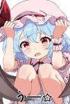  1girl ascot bat_wings bloomers blue_gemstone blue_hair blush bow charisma_guard collared_dress commentary_request cowering dress fang gem hair_between_eyes hands_on_headwear hands_up hat hat_ribbon highres looking_at_viewer mob_cap open_mouth pink_dress pink_hat puffy_short_sleeves puffy_sleeves red_ascot red_bow red_eyes red_ribbon remilia_scarlet ribbon short_hair short_sleeves simple_background single_wrist_cuff skin_fang solo squatting star_(symbol) tearing_up touhou uu~ white_background white_bloomers wings wrist_cuffs yige_lurenjia 