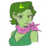  1girl bandana bare_shoulders breasts closed_mouth disgust_(inside_out) dress earrings english_commentary eyelashes eyeshadow green_dress green_eyes green_hair inside_out jewelry kugai697139 looking_at_viewer makeup medium_breasts pink_bandana pink_lips red_eyeshadow short_hair simple_background sleeveless sleeveless_dress solo upper_body white_background 
