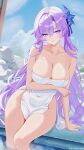  1girl bare_legs blue_sky breasts cantarella_(wuthering_waves) chinese_commentary cloud cloudy_sky collarbone commentary feet_out_of_frame flower hair_between_eyes hair_flower hair_ornament hand_up highres large_breasts long_hair looking_at_viewer nail_polish onsen outdoors parted_lips purple_eyes purple_hair purple_nails sitting sky smile solo teeth towel very_long_hair weitaming_c wuthering_waves 