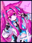  1girl animal_ears arknights black_border black_gloves black_necktie blue_collar blush border closed_mouth collar commentary_request detached_collar double_v fingerless_gloves gloves hair_intakes hands_up highres jacket light_frown long_hair long_sleeves navel necktie open_clothes open_jacket pink_background pink_hair puffy_long_sleeves puffy_sleeves purple_eyes rabbit_ears ray_(arknights) solo v very_long_hair white_jacket wing_collar yopi_(user_wdgp8532) 