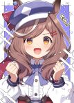  1girl :d animal_ears blue_background blue_bow blue_hat blush border bow brown_hair center_frills clenched_hands collared_shirt commentary_request ears_through_headwear frills hair_ornament hairclip hands_up hat horse_ears long_hair matikane_tannhauser_(umamusume) mauve multicolored_hair newsboy_cap orange_eyes shirt smile solo sparkle streaked_hair tilted_headwear translation_request umamusume upper_body v-shaped_eyebrows white_border white_shirt 