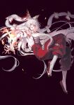  1girl absurdly_long_hair artist_name black_background bow burning burnt_clothes buttons collared_shirt commentary dated embers expressionless fire flats floating floating_hair footwear_bow fujiwara_no_mokou full_body ganada hair_bow highres korean_commentary large_bow lips long_hair multiple_hair_bows ofuda ofuda_on_clothes pants parted_lips popped_collar puffy_pants pyrokinesis red_eyes red_pants red_shoes shirt shoes short_sleeves simple_background solo suspender_pants suspenders torn_clothes torn_sleeves touhou very_long_hair white_bow white_hair white_shirt 