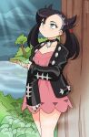  1girl absurdres aqua_eyes asymmetrical_bangs black_choker black_hair black_jacket black_nails choker closed_mouth cloud cloudy_sky collarbone dress earrings hair_ribbon highres holding_own_arm jacket jewelry long_hair looking_up marnie_(pokemon) nico-neko outdoors pink_dress pokemon pokemon_swsh ribbon short_dress sky solo tree twintails undercut water 