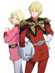  1boy 1girl arm_at_side belt black_belt blonde_hair blue_eyes blunt_ends brother_and_sister char_aznable closed_mouth commentary_request cowboy_shot epaulettes frown gloves gundam hand_on_own_hip hand_up helmet high_collar highres holding holding_helmet jacket long_sleeves looking_at_another looking_to_the_side military_uniform mobile_suit_gundam nvig00 pants pantyhose parted_lips pink_jacket red_jacket red_pants sayla_mass short_hair siblings simple_background standing unworn_headwear unworn_helmet white_background white_gloves white_pantyhose 