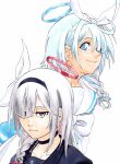  2girls absurdres alpen_no_koyari arona_(blue_archive) black_choker black_hairband bleach blue_archive blue_eyes blue_hair blue_halo blue_pupils blue_shirt blunt_bangs bow bowtie braid choker closed_mouth colored_inner_hair commentary_request cowlick english_commentary eyebrows_hidden_by_hair grey_eyes grey_hair hair_bow hair_over_one_eye hairband halo highres kubo_tite_(style) long_bangs long_hair looking_at_viewer medium_hair mixed-language_commentary multicolored_hair multiple_girls nose pink_hair plana_(blue_archive) portrait red_halo red_pupils sailor_collar school_uniform serafuku shirt sidelocks simple_background single_braid smile tareme tsurime twitter_username two-tone_hair upper_body white_background white_bow white_bowtie white_hairband white_sailor_collar 