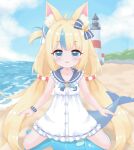  1girl :3 :d ahoge animal_ear_fluff animal_ears animated animated_gif bare_arms bare_legs beach bestiality blonde_hair blue_bow blue_bowtie blue_eyes blue_hair blue_sailor_collar blue_scrunchie blue_sky blush bow bowtie breast_pocket buttons cat_ears center-flap_bangs cloud cloudy_sky cowgirl_position crotch_rub day dress ear_wiggle fins fish fish_girl fish_tail flat_chest frilled_dress frilled_shirt_collar frills hair_bow hair_flaps indie_virtual_youtuber lifebuoy_hair_ornament lighthouse live2d long_hair looking_at_viewer low_twintails multicolored_hair ocean oldb one_side_up open_mouth outdoors paid_reward_available pocket pov pov_crotch public_indecency sailor_collar sailor_dress sameko_saba sameko_saba_(fish) scrunchie selfcest sexually_suggestive shore short_dress sky smile solo straddling straight-on streaked_hair tail tail_wagging tareme twintails variant_set very_long_hair virtual_youtuber white_dress wrist_scrunchie 