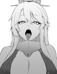  1girl absurdres breasts cleavage eyebrows_visible_through_hair greyscale headgear highres iowa_(kancolle) kantai_collection large_breasts long_hair looking_at_viewer monochrome open_mouth solo takaman_(gaffe) tongue tongue_out upper_body 