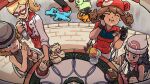  4girls :d ^ alcremie alcremie_(strawberry_sweet) bandana black_shirt blonde_hair blue_eyes blue_hair bracelet breasts brown_hair chikorita closed_eyes dawn_(pokemon) drooling eating fisheye from_above glasses grey_hat grey_sweater hair_ornament hairclip hand_on_own_cheek hand_on_own_face hat highres holding holding_spoon jacket jewelry leah_(pokemon) long_hair low_twintails may_(pokemon) multiple_girls neckerchief otakuman paxton_(pokemon) poke_ball_print pokemon pokemon_(anime) pokemon_(creature) pokemon_cafe_remix pokemon_dppt_(anime) pokemon_journeys pokemon_legends:_z-a pokemon_rse_(anime) ponytail print_hat red-framed_eyewear red_bandana red_jacket red_neckerchief ribbed_sweater serena_(pokemon) shirt short_sleeves sleeveless sleeveless_shirt sleeveless_sweater small_breasts smile spoon sweater tepig totodile twintails white_hat 