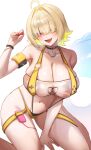  1girl :d absurdres ahoge arm_up armband bikini black_choker blonde_hair breasts choker cleavage collarbone covered_nipples curvy elegg_(boom_and_shock)_(nikke) fang goddess_of_victory:_nikke hair_intakes highres large_breasts maviss_03 navel official_alternate_costume purple_eyes remote_control_vibrator sex_toy short_hair smile solo stomach suspenders swimsuit vibrator vibrator_in_thigh_strap yellow_bikini 