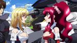  1boy 2girls ahoge angelise_ikaruga_misurugi bare_shoulders black_bodysuit blonde_hair bodysuit breasts brown_hair cleavage cleavage_cutout closed_mouth clothing_cutout cloud couple cross_ange day eye_contact hair_between_eyes hair_ornament hair_scrunchie hilda_(cross_ange) large_breasts lips lipstick long_hair looking_at_another makeup medium_breasts multiple_girls non-web_source out_of_frame outdoors parted_lips pink_lips pink_scrunchie purple_eyes red_bodysuit red_eyes red_hair revealing_clothes scrunchie short_hair shoulder_cutout sidelocks sky smile straight_hair tusk_(cross_ange) twintails upper_body white_bodysuit 