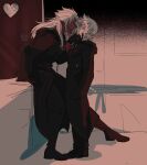  2boys absurdres black_boots black_coat_(kingdom_hearts) black_gloves blush boots clenched_hands closed_mouth dark-skinned_male dark_skin english_commentary fang gloves grey_hair hand_on_another&#039;s_face heart-shaped_moon highres kingdom_hearts long_hair looking_at_another male_focus moon multiple_boys nekokat42 open_mouth orange_eyes pointy_ears roxas seductive_smile short_hair sitting smile spiked_hair standing xemnas yaoi 