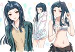  1girl bikini blue_hair blush breasts bullfalk character_request commentary_request copyright_request green_jacket jacket long_hair looking_at_viewer medium_breasts mole mole_under_eye multiple_views navel open_mouth ponytail red_eyes school_uniform sidelocks stomach swimsuit white_bikini white_jacket 